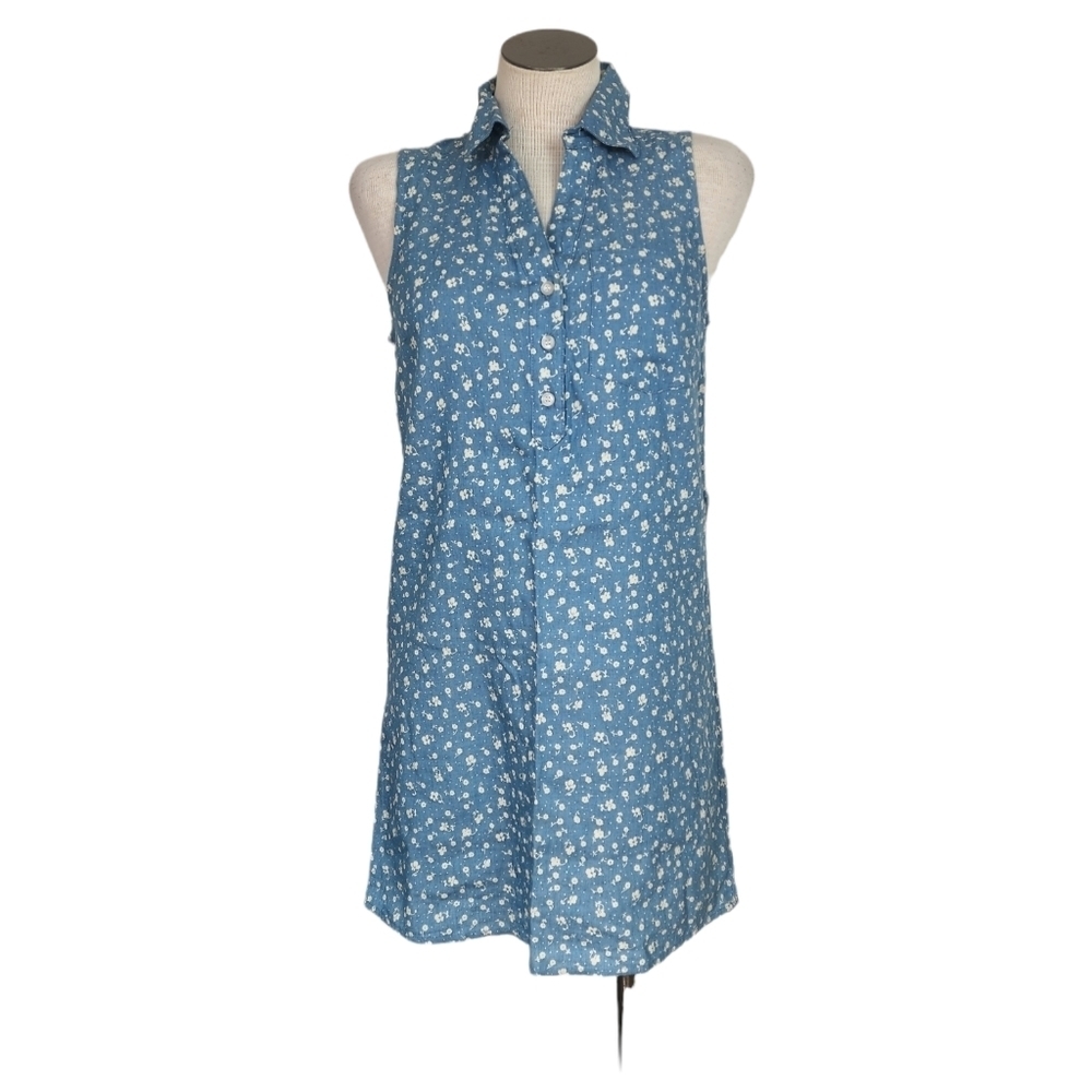 One Story Blue Floral Collared Sleeveless Women's Shift Dress Size S NWT